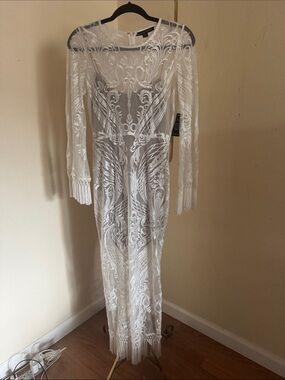 Boston Proper White Sheer Embroidered Maxi Dress with Fringe